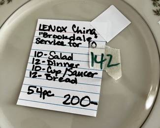 #142	Lenox China Brookdale service fo 10 54 piece	 $200.00 			