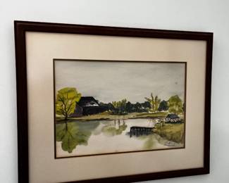 #41	Original Watercolor by Radcliffe of Pond w/cabin Framed and Matted - 22x17	 $75.00 			