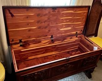#14	ER Co. Forest Park Lin Cedar Chest on Wood Legs w/Carved Front w/trestle  - 48x19x25	 $175.00 			