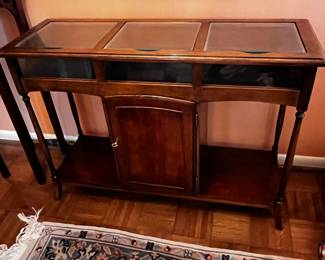 #18	rectangle glass top display  wood entry table with 1 door 40x14x28	 $75.00 			