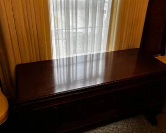 #14	ER Co. Forest Park Lin Cedar Chest on Wood Legs w/Carved Front w/trestle  - 48x19x25	 $175.00 			