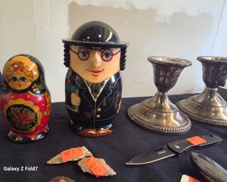 Matryoshka nesting dolls / Sterling candlesticks
