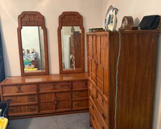 Vintage bedroom set: 2 side tables, headboard with drawer box’s in bed frame, dresser with double mirror, and hutch