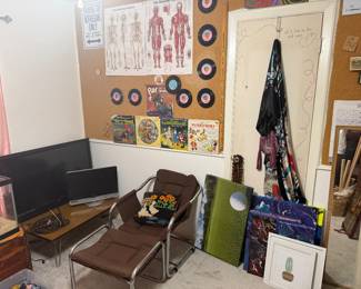 80’s chair, TVs, art