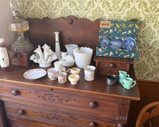 Vintage furniture, milk glass, oil lamp