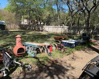 Gardening pots, outdoor holiday decor, Chimenea, ladders, ice chest, wheelbarrow 