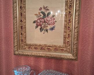 Antique framed embroidery and Campbell and Jones cake stand and pitcher