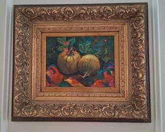 oil on canvas still life in bold gold frame 