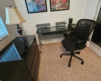 desk, chair, lamp, 2 drawer lateral, 3 drawer storage, art work 