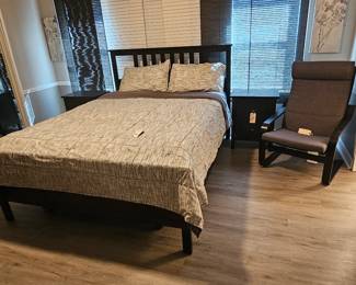 brand new queen bed, adjustable frame and barely used temp mattress, new side tables andchair and cushion