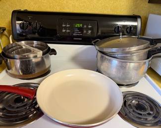 Vintage pressure cooker and various cooking pots & pans