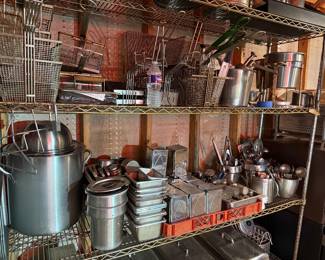 Fryer baskets various sizes, chafer steam pans various sizes, utensils, napkin holders