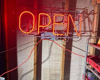 OPEN- neon sign, works great, no buzzing, pull string on/off