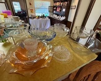 Blue depressions glass, Orange iridescent glass