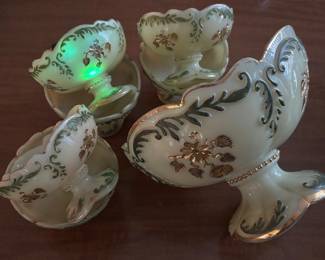 Northwood Intaglio Custard Glass Gold Trim Dessert Dish Set