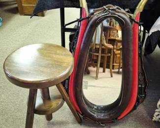 Vintage walnut turn stool and horse collar and hanes mirror w/brass