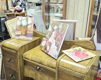 Much furniture!! Antique and modern. Art Deco."Waterfall" dresser w/ mirror.