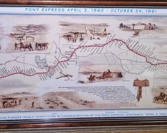 Local and area related artwork. 100th Anniversary of The Pony Express framed poster map