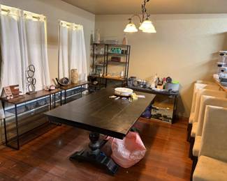 Dining room table, dining room chairs, shelves and misc kitchen ware