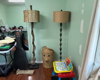 Tree branch style lamp, wicker basket, play set, guitar and more