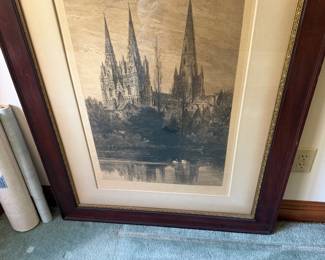 #66 - $180 - Antique black & white etching of Notre Dame 34x44 signed 