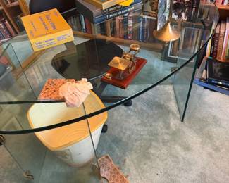 #31 - $450 - 1970's heavy glass desk oval 4'5"Lx31wx28T