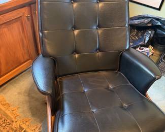 #35 - $ - 1970's black vinyl walnut armchair ladder back swivel