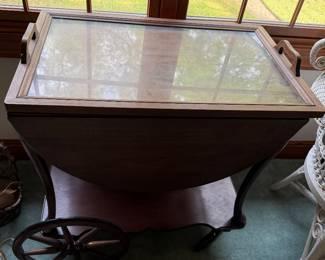 #63 - $120 - Wood rolling cart with glass tray 28x17x29