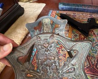 #110 - $70 - Antique Art Nouveau expandable book rack JH Judd cast iron and brass Owl 