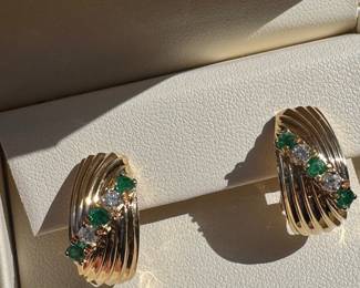 #141 - $975- 14kt yellow gold earrings diam. & emeralds, french backs. 8.7gr