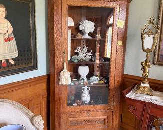 #23 - $400 - Oak corner cabinet glass door 37x23x71