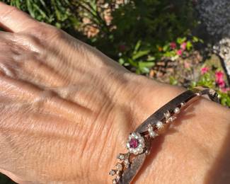 #140 - $600 - 8kt rose gold Victorian mine cut bracelet with pink stone & pearls. 7.5 gr 