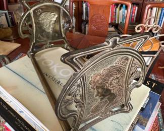 #109 - $75 - Antique Art Nouveau expandable book rack cast iron and brass 8x13 when fully extended