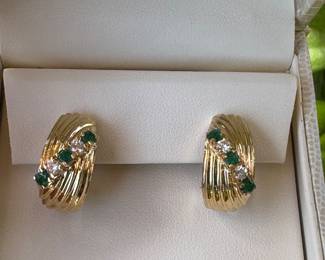 #141 - $975- 14kt yellow gold earrings diam. & emeralds, french backs. 8.7gr