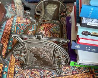 #109 - $75 - Antique Art Nouveau expandable book rack cast iron and brass 8x13 when fully extended