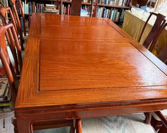 #37 - $1,000 - Teakwood dining table 5'6"x45x25 + 2 leaves 18"each + 2 arms & 6 chairs (1960's)