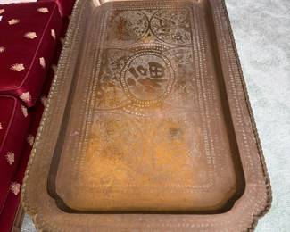 #19 - $200 - Mid century modern Antique Persian brass tray on spider legs 3'5"x2'x18"T