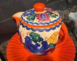 #102 - $58 - Vintage teapot rare from Joseph Mrazek Peasant Art industries featuring a vibrand bluebird design. 