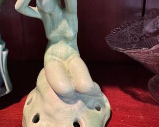 #107 - $65 - Vintage Weller or Haeger pottery green nude woamn flower frog. Circa 1940's