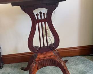 #61 - $150 - vintage Mahogany lyre table oval top 25x18x26