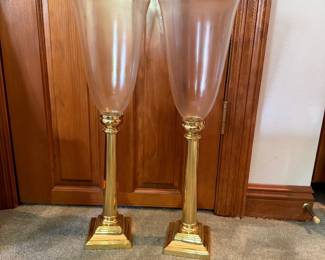 #99 - $72  - Pair of tall brass hurricane candle holders