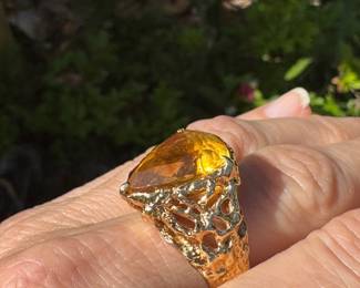 #130 - $1250 - 18kt gold tested Brutalist custom designed ring Sz 10 with triangle citrine 15.34 gr. 