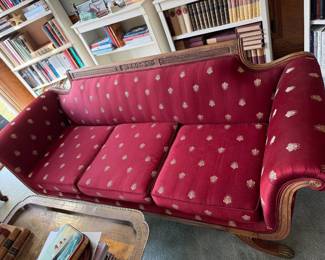 #20 - $460 - Duncan Phyfe setee sofa with imperial bees gold/deep red 6'11"x 2'6"x36T