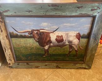 VERY LARGE LONGHORN  ART AND  AMAZING FRAME     BIG LIKE TEXAS!!