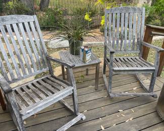 teak rocking chairs and small tables have bench also and more tables