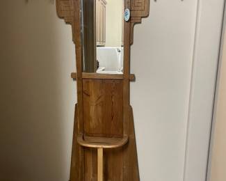 ANTIQUE EUROPEAN WOOD HALL TREE- W/ UMBRELLA TRAY VERY LITTLE DEPTH RARE FIND