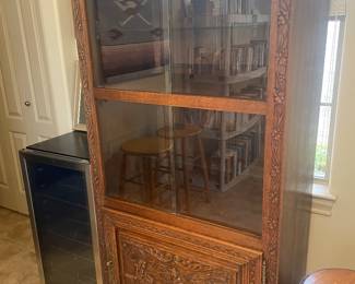 CARVED WOOD -GLASS VINTAGE CABINET - SLIDING GLASS DOORS -GREAT DISPLAY CABINET   