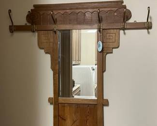 ANTIQUE HALL TREE VERY NARROW W/ SPECIAL HOOKS TO HANG COMPLETE W/ UMBRELLA TRAY