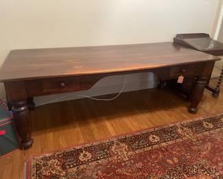 7 FT APPROX  SOLID WOOD DESK - THE HOME OFFICE DREAM SET UP - HOLDS 3-4 MONITORS WITH SPACE LEFT OVER !!!  