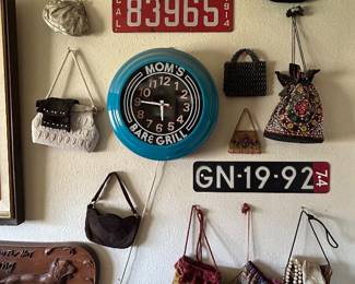 Vintage Metal Purses, Clock, Bobs Big Boy and License Plates